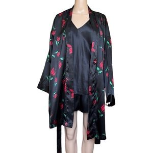 Maidenform Black Satin Dark Floral Robe Shorts Camisole Pajama Set size M